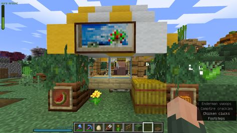 Get your fruit and veg here! Bbq Minecraft, Fox Den Minecraft, Llama Enclosure Minecraft, Minecraft Mcdonalds Interior, Minecraft Java Farms, Market Stalls, Fruit And Veg, Minecraft, Building