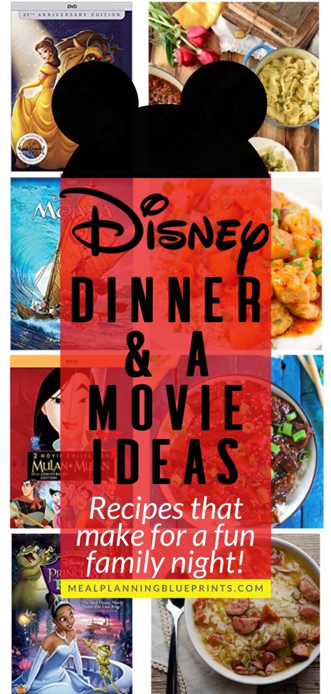 Make your family movie night extra special with Disney movie themed meals to match up with the movie! Here are some inspired Disney dinner recipes and the movie to watch it with. Add these ideas to your meal planning theme nights (Friday Fun night, maybe???). (p.s. these ideas are great for your picky eaters - they'll love having dinner match your Disney movie night!). Click now to see them! Dinner And Movie Ideas, Movie Themed Meals, Disney Dinner Recipes, Disney Movie Themed Dinner, Family Movie Night Themes, Themed Meals, Disney Themed Movie Night, Disney Movie Night Food, Disney Movie Night Dinner