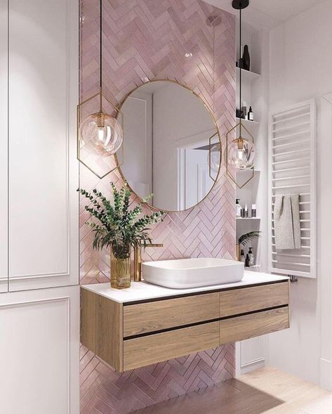 pink bathroom tile #homedesign #bathroomideas All Pink Bathroom Ideas, Pink Subway Tiles Bathroom, Coloured Subway Tiles Bathroom, Rose Quartz Bathroom Tiles, Girly Tile Bathroom, Colour Tile Bathroom, Pink Accent Tile Bathroom, Powder Room Wallpaper Pink, Pink Herringbone Tiles Bathroom