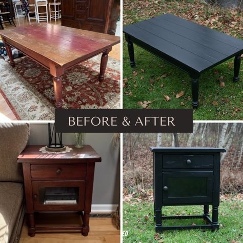 Coffee table and end standed painted black! Painted Black Coffee Table, Benjamin Moore Black, Paint Particle Board, Coffee Table Refinish, Painted End Tables, Black Coffee Table, Black End Tables, Painted Coffee Tables, Diy End Tables