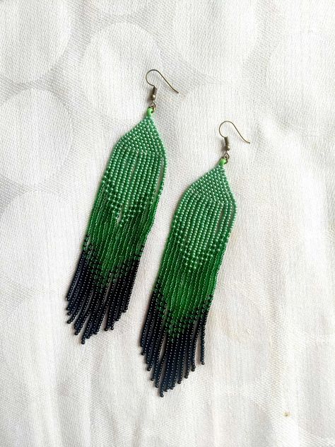 Seed Bead Fringe Earrings, Bead Fringe Earrings, Ombre Green, Beautiful Beaded Earring, Shoulder Duster Earrings, Duster Earrings, Jewelry Sets Handmade, Earrings Dangle Simple, Bead Fringe