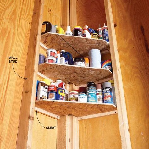 Garage Corner Shelves. Use scrap plywood or oriented strand board to make shelves that fit snugly between the corner studs and support them with 1x1 cleats. These corner shelves are perfect for storing smaller items such as glues, oils, waxes and polishes, which get lost on larger shelves. Diy Projects Garage, Storage Shed Organization, Shed Organization, Garage Organize, Diy Garage Storage, Garage Storage Organization, Building A Shed, Tool Sheds, Diy Garage