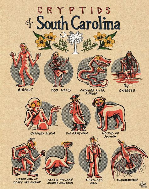 Famous Cryptids of South Carolina Print - Etsy Cryptids North Carolina, Cryptids Of Texas, Cryptids Of Arizona, Southern Cryptids, Kentucky Cryptids, State Cryptids, Famous Cryptids, American Cryptids, Cryptids Creatures