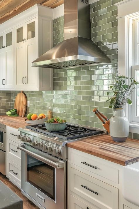 Boho Kitchen Decorating Ideas, Cute Cozy Kitchen Ideas, Kitchen Cheap Remodel, White Cabinets Sage Backsplash, Kitchen With Metro Tiles, Green Tile Backsplash White Cabinets, Kitchen Ideas Green Backsplash, Modern Spanish Style Kitchen Backsplash, Cool Toned Kitchen Ideas