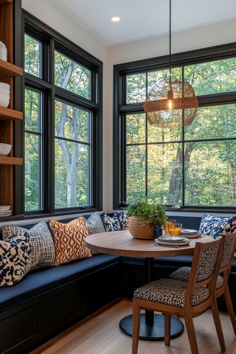 Get some inspo for a stylish modern breakfast nook. Victorian Breakfast Nook, Round Bench Seating, Kitchen Nook Ideas Bay Windows, Morning Room Off Kitchen Ideas, Outdoor Breakfast Nook, Modern Breakfast Nook Ideas, Round Table With Bench, Breakfast Nook Sitting Area, Morning Room Ideas