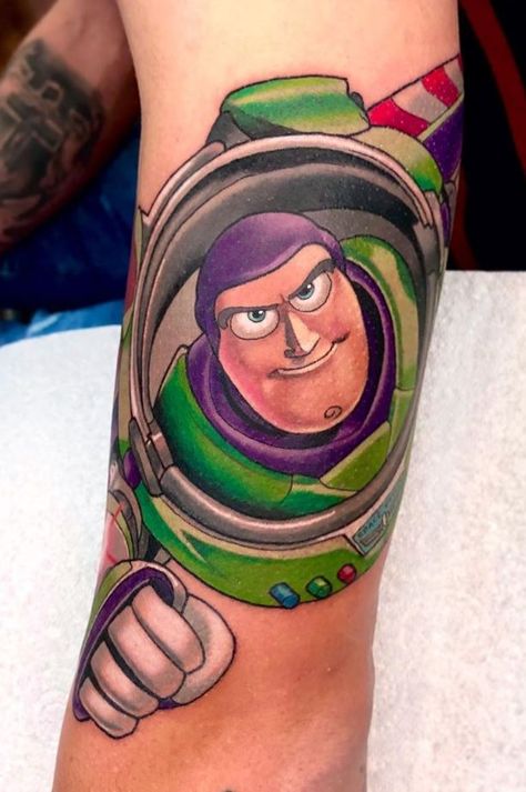 Toy Story Tattoo Toy Story Tattoo, Purple Flower Tattoos, Year Tattoo, Story Tattoo, Jordan Baker, Colorful Tattoos, Rainbow Tattoos, Movie Tattoos, Music Tattoos