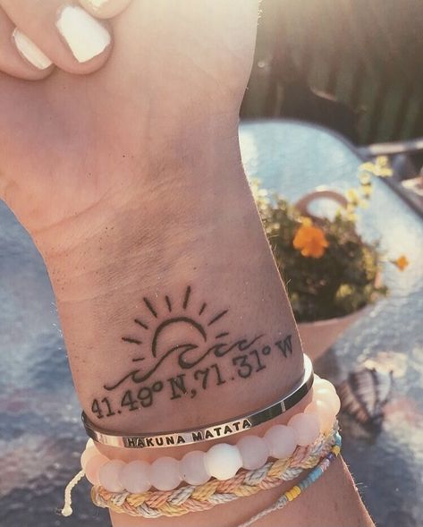 Sand Dollar Tattoo, Wanderlust Tattoos, Small Beach Tattoos, Travel Tattoo Ideas, Scripture Tattoos, Travel Tattoo Small, Coordinates Tattoo, Summer Tattoo, Waves Tattoo