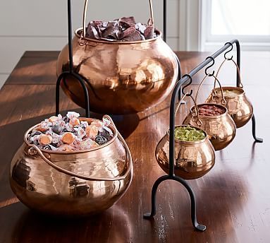 Copper Cauldron Triple Condiment Serve | Pottery Barn Halloween Dinnerware, Floral Witch, Plant Witch, Pottery Barn Halloween, Brighton Townhouse, Halloween Table Settings, Halloween Candy Bowl, Halloween Plates, Harvest Celebration