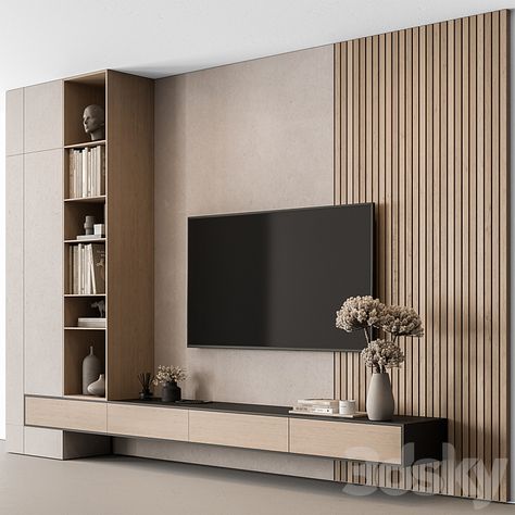 Tv Unit With Sofa Set, Tv Wall For Office, Master Room Tv Wall, Aesthetic Tv Unit, Beige And Wood Living Room, Panel Wall Living Room, Minimalist Tv Wall Design Living Rooms, Fluted Tv Unit, Scandinavian Tv Wall