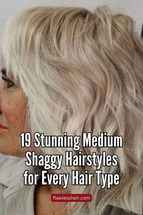 Wavy Mid-Length Shag For Women Over 50 Mid Length Shaggy Bob, Mid Length Shag Haircuts, Shags For Wavy Hair, Shag Hairstyles For Wavy Hair, Shag Hairstyles Thick Wavy Hair, Medium Length Shags, Med Shag Haircut, Hair Shaggy Layers, Wispy Haircuts Mid Length