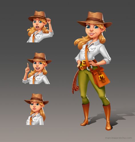 ArtStation - Indiana Jane - mobile game stylized character design, Marcin Warzecha Character Design Traveler, Adventure Character Design, Mobile Game Character, Mobile Game Character Design, 2d Gaming Character, 2d Game Character, Traveler Character Design, Vector Game Character, Stylized Character Design 2d