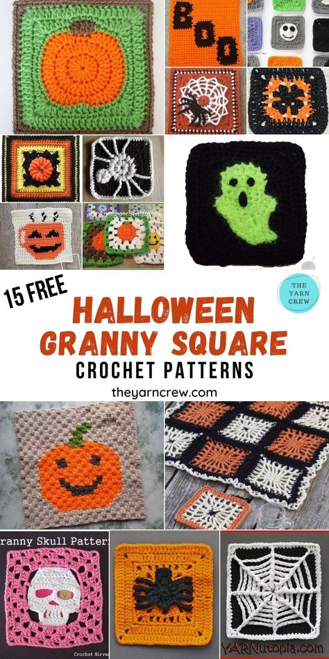 15 Free Halloween Granny Squares Crochet Patterns you can crochet right now. Amazing granny square patterns Curated by The Yarn Crew #crochetgrannysquares #crochetstitches #crochetpatterns #freecrochetpatterns #crochetmotif #crochetsquares #grannysquareblanket #crochethexagons Halloween Crocheted Patterns, Yarntopia Patterns, Crochet Granny Square Cardigan Halloween, Halloween Granny Square Crochet Blanket, Jackolantern Granny Square, Halloween Granny Square Crochet Patterns Free, Make With Granny Squares, Halloween Crochet Granny Square Pattern, Crochet Halloween Cardigan Pattern