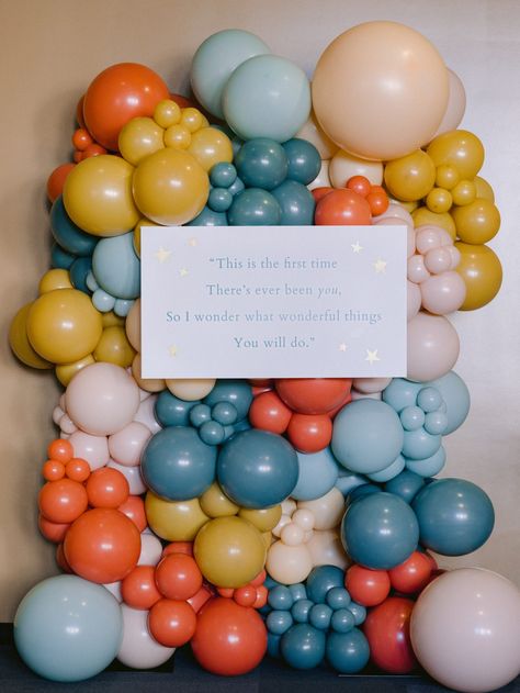 The Wonderful Things You Will Be, Colorful 1st Birthday Boy, Wonderful Things You Will Be Party, Birthday Color Themes, The Wonderful Things You Will Be Party, Twins 1st Birthday Ideas, Gender Neutral Birthday Party Themes, Balloon Wall Backdrop, Balloon Birthday Cake