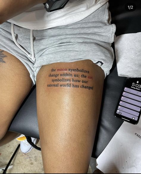 Leg Qoutes Tattoos Women, Paragraph Tattoos For Women, Happiness Over Everything Tattoo, Thigh Quotes, Me Vs Me Tattoo, Tattoo Ideas For Men Back, Minimalist Tattoo Back, Baddie Tatoos, Tattoo Ideas Female Finger