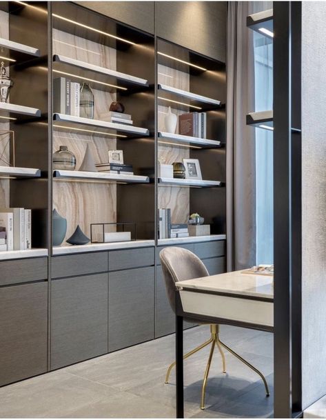 Office Full Height Storage, Dark Office Interior, Office Display Cabinet, Modern Home Offices, Office Interior Design Modern, Home Library Design, Shelving Units, Modern Home Office, Home Office Space