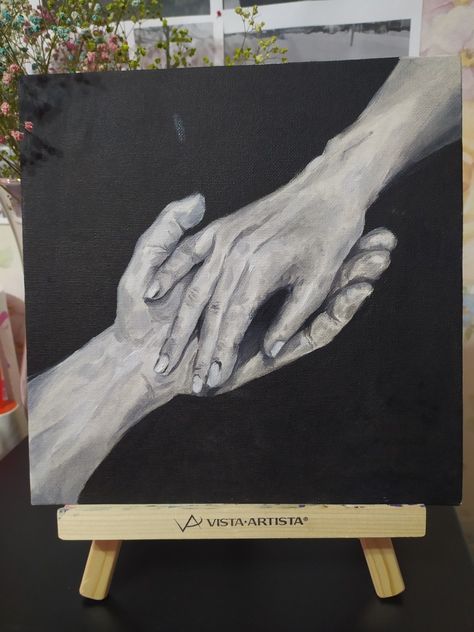 Oil painting on canvas Hand In Hand Painting, Oil Painting Of Hands, Holding Hands Painting Acrylic, Hands Painting Aesthetic, Hands Holding Painting, Meaningful Painting Ideas On Canvas, Painting Of Hands Acrylic, Hand Holding Painting, Two Hands Painting