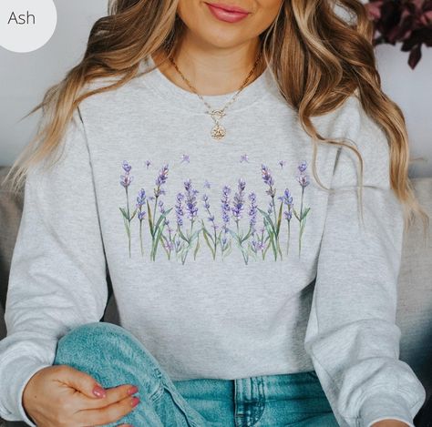 Lavender Embroidery Shirt, Pastel Botanical, Wildflower Shirt, Clothes Embroidery Diy, Flower Sweatshirt, Boho Cottagecore, Flower Watercolor, Embroidered Clothes, Pressed Flower