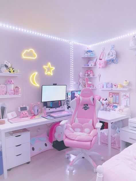 Anime Gaming Room, Aesthetic Gaming Room, Cute Kawaii Room, Kawaii Gaming Setup, Paw Cushion, Pink Gaming Chair, Room Pic, Aesthetic Gaming, Games Room Inspiration