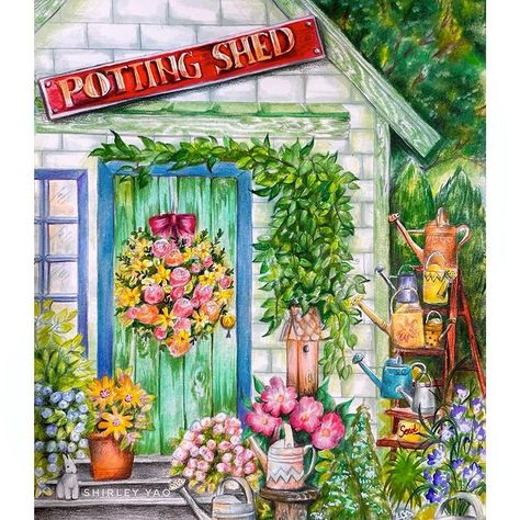 Shirley Yao (@shirley_tutopia) • Instagram photos and videos Watercolour Houses, Spring Scenes, Teresa Goodridge, Creative Haven Coloring Books, Coloring Crafts, Art Pole, Abstract Realism, Spring Scene, Summer Scenes