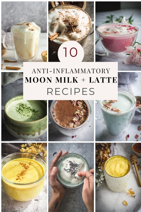 Here is a list of 10 delicious and cozy anti-inflammatory moon milk and latte recipes to keep you cozy and relaxed all year long. #moonmilkrecipes #goldenmilk #moonmilklatte #moonmilk #caffeinefreedrinks #healthydrinkrecipes Almond Milk Drinks, Moon Milk Recipe, Vegan Latte, Moon Milk, Milk Tea Recipes, Drink Recipes Nonalcoholic, Healthy Drinks Recipes, Latte Recipe, Inflammatory Foods