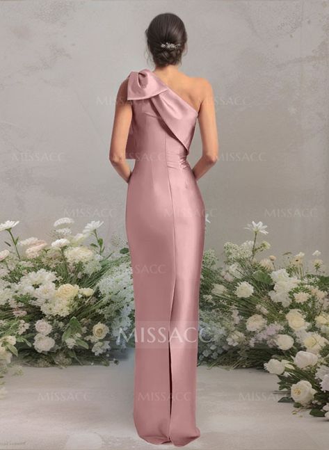 Sheath/Column One-Shoulder Satin Bridesmaid Dresses With Bow(s) Bridesmaid Dresses With Bow, Dresses With Bow, Uzun Boy, Weddings Idea, Sparkle Wedding Dress, Satin Bridesmaid Dresses, Bride Clothes, Mom Dress, Bridesmaid Gown