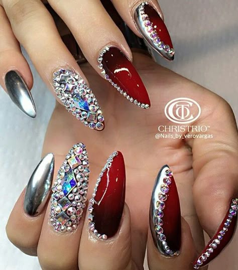 Metallic silver red rhinestone nails nailart design Chrome Nail Art, Nails Design With Rhinestones, Red Nail Designs, Unique Acrylic Nails, Hot Nails, Silver Nails, Bling Nails, Nail It, Fancy Nails