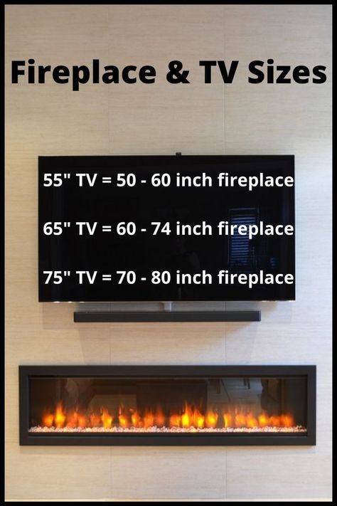 Ever wondered what size fireplace will look best below your TV? We've sold thousands of fireplaces to go below TVs, and we know what looks best. Here's a quick guide. The bare minimum is that the fireplace should be at least as wide as the TV. If the fireplace can be wider, even better. With electric fireplaces, you can go as big as you want -- they will never overheat the wall or the room. Ready to grab yours? Click through to shop our beautiful fireplaces today. Tv Sizes, Fireplace And Tv, Built In Electric Fireplace, Electric Fireplace Wall, Built In Shelves Living Room, Build A Fireplace, Modern Flames, Fireplace Tv Wall, Living Tv