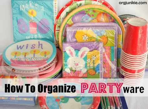 How to Organize Partyware Organize Party Supplies, Party Supply Organization, Organizing And Cleaning, Simplified Living, Party Rock, Organized Life, Supplies Organization, Small Organization, How To Organize