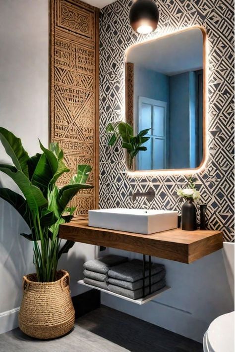 Bathroom Revamp On A Budget, Wallpaper In Bathrooms, Bathroom Design Wallpaper, Relaxing Bathroom Ideas, Apartment Bathroom Aesthetic, Boho Powder Room, Wallpapered Bathroom, Bathroom With Wallpaper, Adu Bathroom