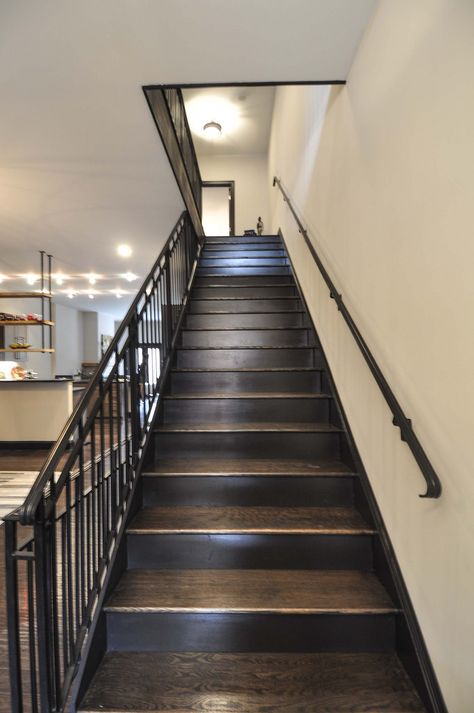 Beautiful stairwell: dark brown painted risers to match trim throughout the house and custom metal railing Dark Brown Railing Stairs, Brown Stairs Black Railing, Dark Brown Staircase, Black And Brown Stairs, Dark Brown Stairs, Brown Staircase, Paint For Stairs, Light Walls Darker Trim, Painting Wooden Stairs