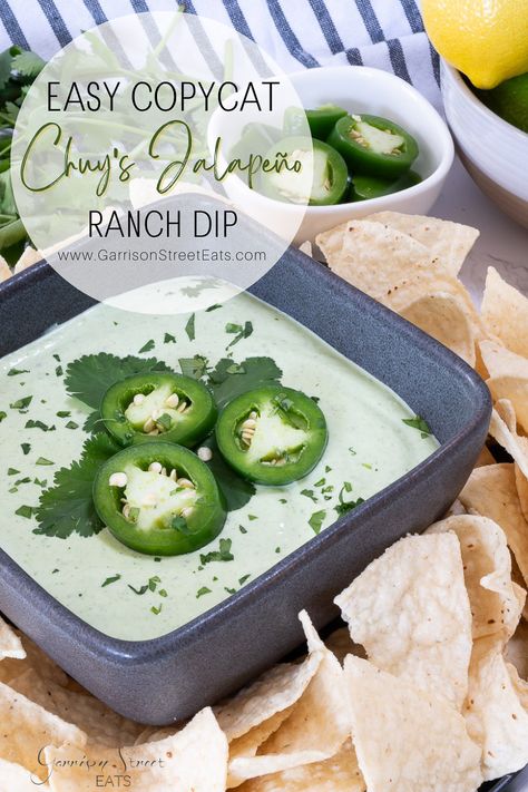 Copycat Chuy's Creamy Jalapeno Ranch Dip Recipe | ©GarrisonStreetEats | Copycat | Chuy's | Creamy Jalapeno Dip | Jalapeno Ranch | Appetizer | Without Buttermilk | Chuy's Jalapeno Dip | Easy | Homemade | Chuy's Jalapeno Ranch | Creamy | Cilantro | Sour Cream | Vegetarian | Dip Recipes | Copycat Chuy's Creamy | Creamy Jalapeno | Spicy | Ranch | Quick and Easy | Cold | Simple | Cheap | Chip | Dip | Summer | Super Bowl | 4th of July | Party Food | Best | Dip Ideas for Party | No meat | Party | BBQ Dip Ideas For Party, Vegetarian Dip Recipes, Ranch Appetizers, Jalapeño Ranch Dip, 4th Of July Party Food, Creamy Jalapeno Dip, Vegetarian Dip, Dip Ideas, Ranch Dip Recipe