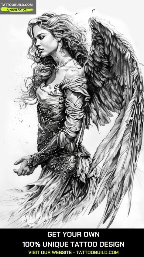 Angel Tattoo For Women: 30+ Sunning ideas - Tattoo Build Angel Tattoo Designs For Women, Tattoo Ideas Angel, Tattoo For Women Ideas, Wings Tattoo On Back, Angel Warrior Tattoo, Beautiful Angel Tattoos, Angel Tattoo For Women, Halo Tattoo, Wing Tattoos On Back