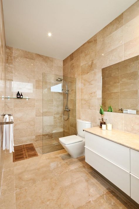 Beige Bathroom Tile, Modern Beige Bathroom, Grand Designs Australia, Travertine Bathroom, Bathroom Inspiration Modern, Deco Bathroom, Beige Bathroom, Modern Residence, Bathroom Design Inspiration