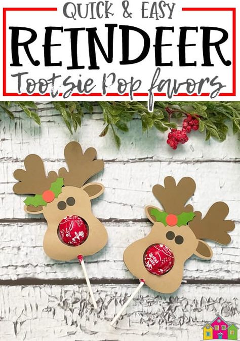 Lollipop Reindeer Free Printable, Christmas Suckers Diy, Tootsie Pop Crafts, Cricut Christmas Party Favors, Rudolph Lollipop Craft, Cricut Christmas Favors, Christmas Treat Crafts, Reindeer Sucker Template, Cricut Christmas Class Gifts