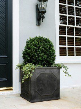 Large black planter 2 Boxwood Planters, Boxwood Landscaping, Front Door Plants, Front Door Planters, Front Porch Planters, Large Backyard Landscaping, Large Outdoor Planters, Door Planter, Porch Plants