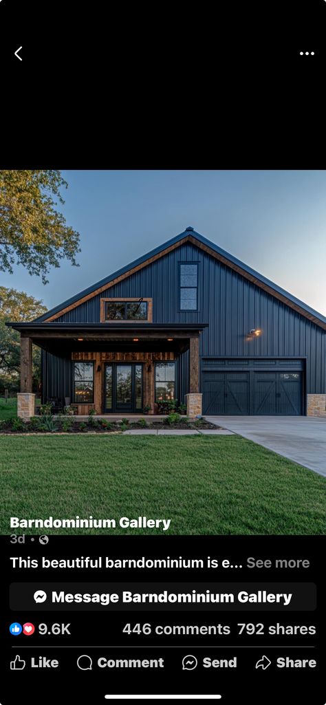 Dark Blue Barndominium, Dark Navy House Exterior, Navy Exterior House, Blue Siding House, Navy House Exterior, Teal House, Navy Houses, Blue Siding, Rustic Lake Houses