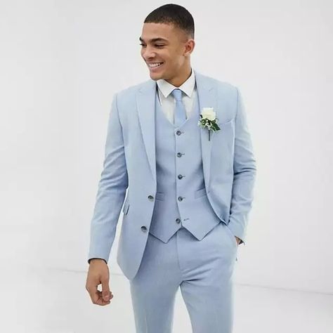 Light Blue Wedding Men Suits Slim Fit Linen Tuxedos Groom Wear Terno 3 Pieces(Jacket+Pants+Vest) Bridegroom Blazer Costume Homme New Style Suits, Printed Hoodie Men, Tuxedo Coat, Dinner Suit, Printed Hoodies Sweatshirts, Light Blue Wedding, Black Pants Men, Denim Shirt Men, Khaki Pants Men