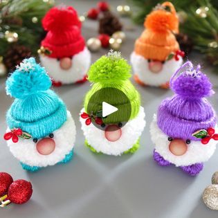 Handmade Christmas Gnomes, Pompom Gnome Ornament, Yarn Fairy Doll Diy, Christmas Pom Pom Gnomes, Handmade Gnomes Christmas Ornament, Easy Yarn Gnomes Diy, Gonk Tree Decorations, Christmas Yarn Gnomes, Pompom Gnomes Diy