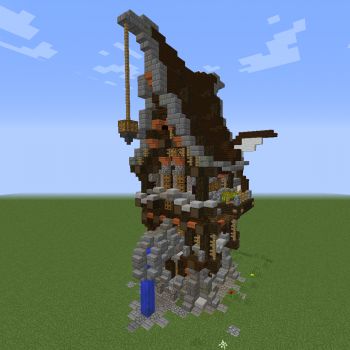 Fantasy Steampunk Windmill 2 - Blueprints for MineCraft Houses, Castles, Towers, and more | GrabCraft Steampunk Windmill, Brick Fence, Minecraft Blueprints, Wood Stairs, Black Carpet, Oak Doors, Grey Stain, White Stain, Minecraft Designs