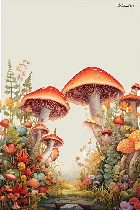 Cottage core aesthetic, mushrooms, flowers, wildflowers, cobble pathway, beige background, print art, digital art, created with AI, wallpaper art Cottage Core Fall, Cottage Core Wallpaper, Wildflower Gardens, Cottage Core Flowers, Flower Path, Fall Illustration, Cottage Core Art, Mushroom Wallpaper, Cottage Painting