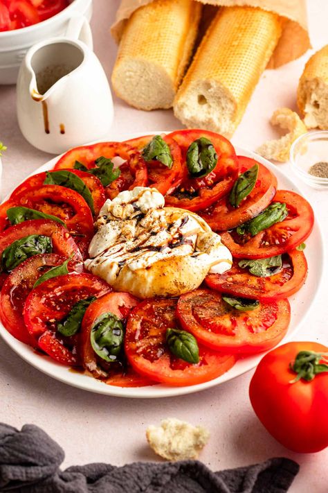 Burrata caprese salad on white platter. Burrata Caprese Salad, Burrata Mozzarella, Burrata Caprese, Pasta Salad With Spinach, Burrata Recipe, Marinated Tomatoes, Burrata Salad, White Platter, Thanksgiving 2024