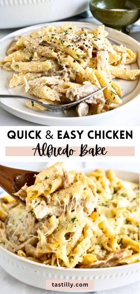 Transform your favorite Alfredo pasta into a creamy casserole with this Quick & Easy Chicken Alfredo Bake. Freshly cooked pasta, juicy rotisserie chicken meat, and homemade Alfredo sauce all topped with shredded cheese and baked until bubbly and cheesy, this casserole is a full, delicious, and classic meal that comes together in 40 minutes! Recipes For Chicken Alfredo, Easy Chicken Alfredo Bake, Easy Chicken Alfredo, Creamy Casserole, Ham And Noodle Casserole, Baked Chicken Alfredo Pasta, Chicken Wing Recipes Fried, Quick Easy Chicken, Chicken Alfredo Casserole