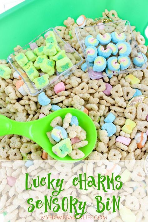 This Lucky Charms Sensory Bin for kids is so much fun and edible too! It literally takes mere minutes to put together for what could potentially be hours of fun for little hands. My 10-year-old loves this as well so it isn't just for 'little' kids. #sensoryactivity #kids #stpatricksday #kidsactivity #myhomebasedlife | St. Patrick's Day | Kids Activity | Kids Sensory Bin | Sensory Activity | Educational Activity | Sorting Activity for Kids March Sensory Bin Ideas, St Patricks Activities, Edible Sensory, March Lesson Plans, Sant Patrick, Sensory Tables, Toddler Sensory Bins, Infant Lesson Plans, March Themes