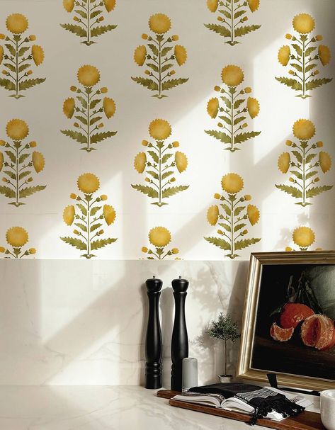 How To Stencil Floral Wallpaper Stencil, Stenciled Walls Ideas Bathroom, Bathroom Wallpaper Accent Wall, Wall Stamps, Front Room Dining Room, Stencil Wall Painting, Block Print Wall, Laundry Inspiration, Stenciled Walls