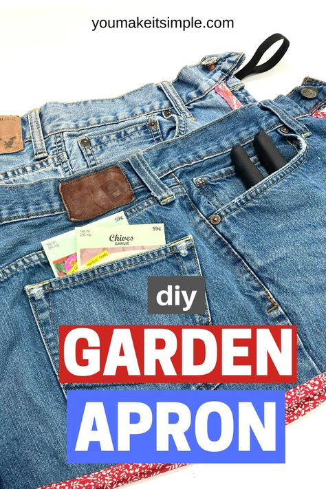 This DIY garden apron is a quick project you can make from a pair of upcycled jeans. Handy for working in the garden and around the house. Garden Apron Diy, Diy Apron Ideas, Garden Apron Pattern, Apron From Jeans Diy, Garden Sewing Projects, Apron From Old Jeans, Gardening Apron Diy Free Pattern, Garden Apron, Diy Gardening Apron