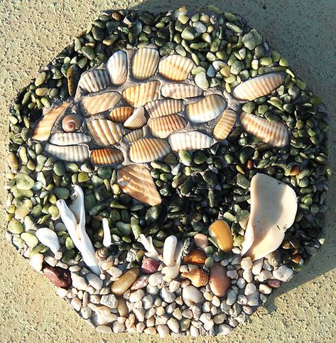 Shell Fish Stepping Stone Octagon | Smaller octagonal steppi… | Flickr Making Mosaics, Shell Fish, Stepping Stones Diy, Mosaic Stepping Stones, Mosaic Inspiration, Garden Stepping Stones, Beach Finds, Pebble Mosaic, Outdoor Crafts