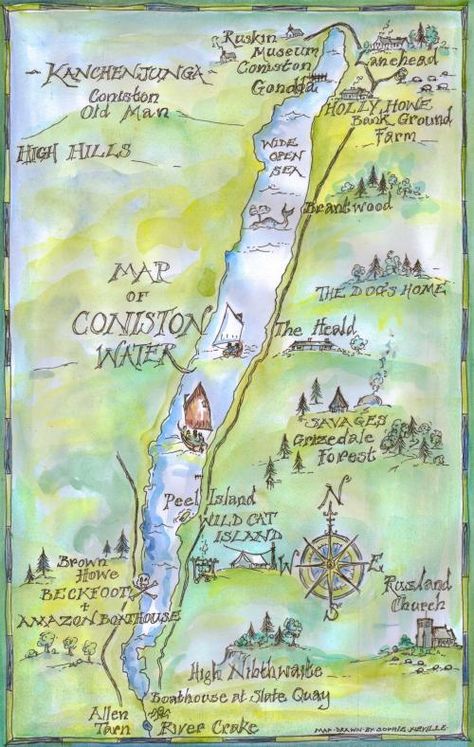 Map showing film locations used in the 1974 film of 'Swallows & Amazons' around Coniston Water in the English Lake District drawn by Sophie Neville 1700s Cottage, Swallows And Amazons, New Adventure Quotes, Monte Everest, World Illustration, Camp Theme, Illustrated Maps, Cat Island, Film Locations