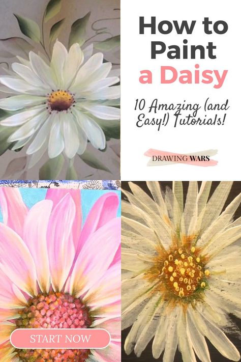 How to Paint a Daisy Easy Step by Step, 10 great tutorials! Learn How to Paint Daisy Flower with the Best Online Video Tutorials with Acrylic, Watercolor and many more techniques! Painting Tutorial for Beginners! Pictures Of Daisy Flowers, Pictures Of Painted Flowers, Painting Daisy Easy, Painting Daisies Easy, How To Paint A Daisy In Acrylic, Daisy Flower Acrylic Painting, Beginner Painting Ideas Step By Step, Daisy Paintings Acrylic, How To Paint A Daisy Step By Step