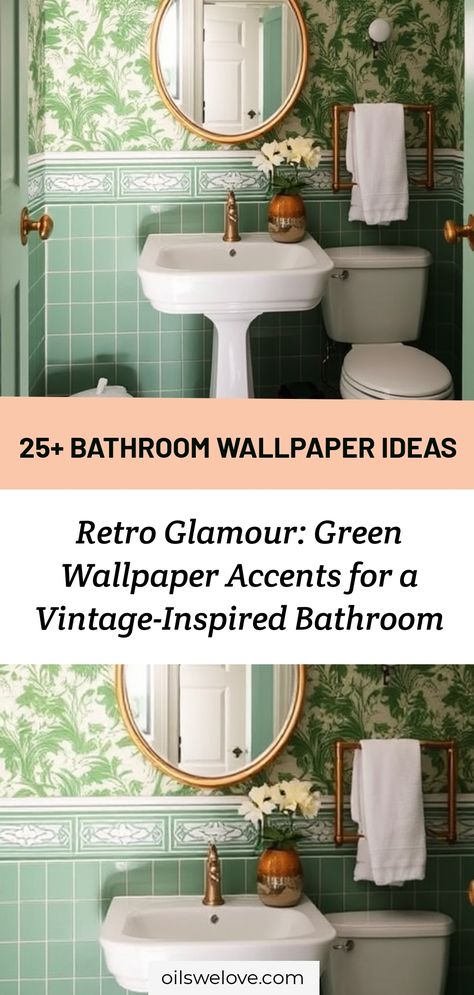 Transform your bathroom into a serene oasis with our "20+ Green Wallpaper Bathroom Decor Ideas." Discover lush patterns and soothing hues that bring nature indoors. Perfect for any style, these green wallpaper designs will elevate your bathroom's ambience. Dive into bathroom decor ideas that rejuvenate your space with a fresh, eco-friendly touch. #BathroomDecorIdeas #GreenWallpaper Tile And Wallpaper Bathroom, Green Wallpaper Bathroom, Wallpaper Accents, Bathroom Wallpaper Ideas, Vintage Inspired Bathroom, Wallpaper Bathroom, Bring Nature Indoors, Retro Glamour, Bathroom Decor Ideas