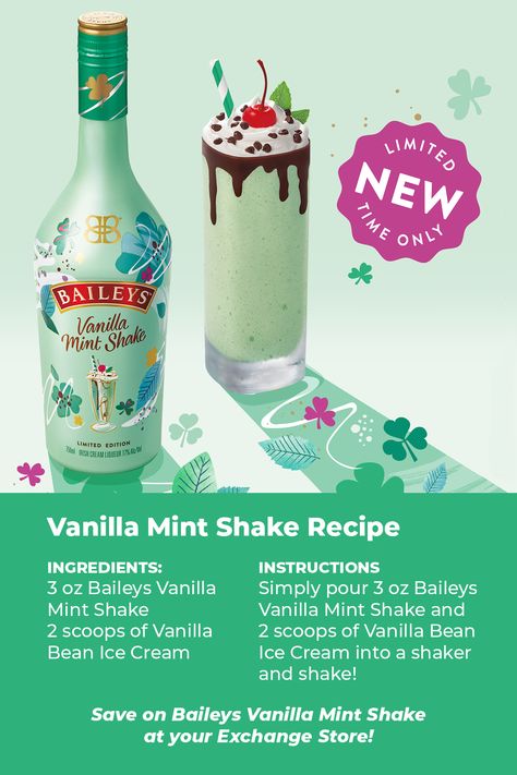 Save at your local Exchange Store! Baileys Vanilla Mint, Baileys Recipes Drinks, Baileys Drinks, Mint Shake, Mint Drink, Baileys Recipes, Bean Ice Cream, Yummy Alcoholic Drinks, Boozy Desserts